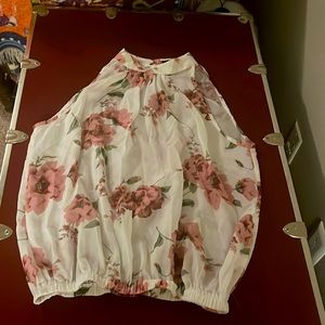 See through white blouse with flower design, Large, Shein